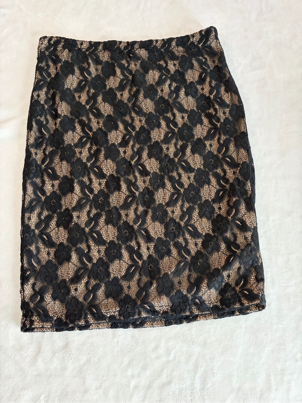 Black Floral Lace Pencil Skirt with Nude Underlay